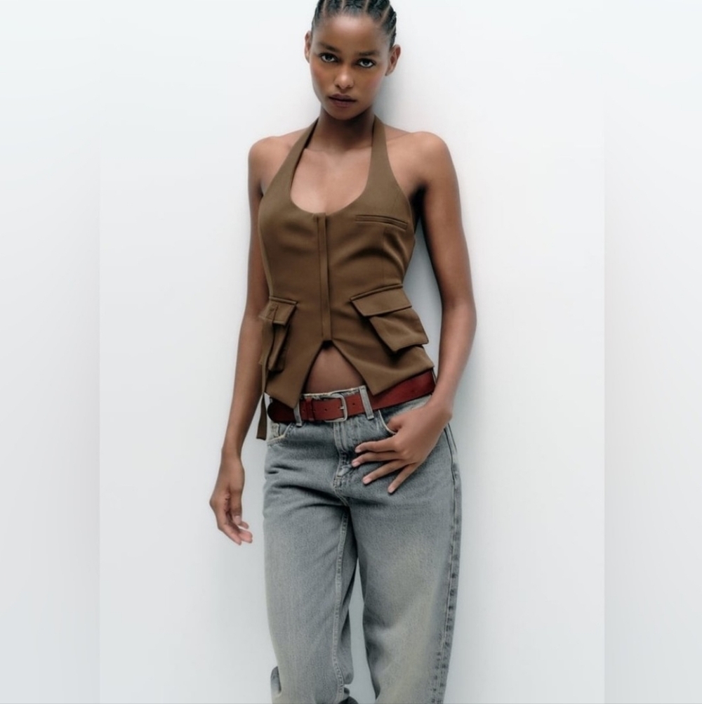 ZARA Dark Khaki Halter Top - Women's Top XS